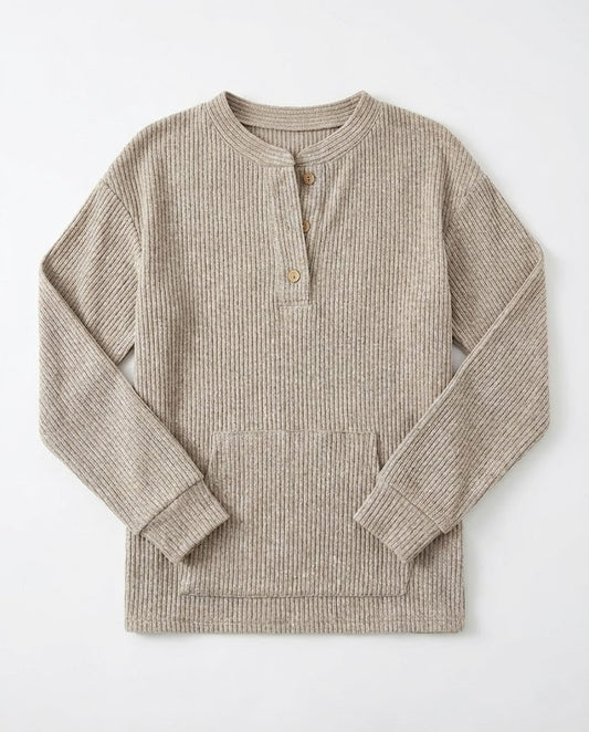 Ribbed Button Detail Long Sleeve T-Shirt